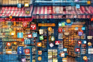 A mosaic made up of digital social media icons forming a larger vivid image of a thriving e-commerce storefront; this illustrates the integral role of social media CX in the e-commerce ecosystem and its impact on brand loyalty & brand reputation.