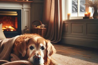 A cozy living room with a relaxed Golden Retriever on a rug, covered with a blanket, near a fireplace. Outside the window, snow is falling, creating a serene winter scene.