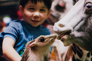 An AI generated image of a smiling boy at a petting zoo at an alien county fair — two friendly looking unknown animals are in the foreground