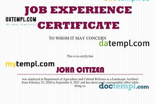 USA Job experience certificate example in Word and PDF format