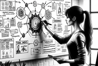 Black and white pencil sketch of a female analyst working on a whiteboard to develop a YARA-like framework for classifying DeFi attacks.