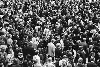 Black and white image of a large crowd