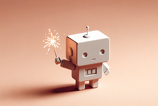 The image shows a cute, small robot with a light beige, boxy body and rounded edges. It has a simple face with two dot eyes and a line mouth. The robot is holding a lit sparkler in its right hand, casting bright sparks. The background is a soft peach color, adding to the festive and whimsical atmosphere.