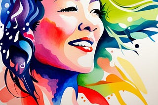 abstract watercolor image of asian woman, hair flowing in different colors with a slight smile on her face.