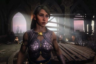 Dragon Age’s customizable player character, Rook, stands in front of some light shafts coming through the windows in a large room.