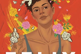 Orange background, animated drawing of Felix (young trans man — main character described in book) with flowers drawn around him and a flower crown.