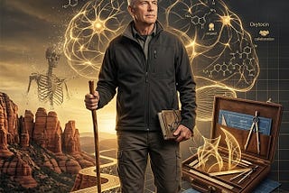 A vertical conceptual poster showing Gary L. Fretwell, a fit older man, walking on a winding desert path at golden hour. Above him, gold serif text reads: “RETIREMENT IS A BIOLOGICAL DEATH SENTENCE. STOP PRACTICING FOR YOUR FUNERAL AND START DESIGNING YOUR SECOND ACT.” A glowing outline of a brain with formulas for Dopamine, Serotonin, and Oxytocin surrounds his head. A leather case sits on a glowing architectural grid with drafting tools. The palette is charcoal, amber, and gold.