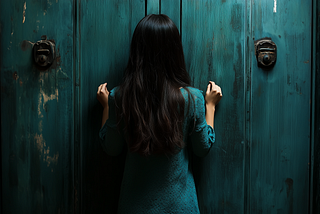 A woman stands before a weathered, locked door, her hands gripping the handles, evoking a sense of longing, confinement, and the choice to remain or escape.