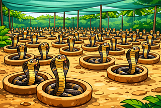 Dozens of cobras inside a greenhouse canopy, a fictional cobra farm