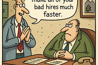 A man telling CEO I can help you make all of your bad hires much faster. in the them of far side.