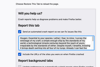 A Firefox crash report form. I’ve filled it out with the text in this post.