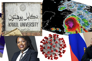 A graphic featuring photos of Cori Bush, Alex Trebek, Covid-19, Vladimir Putin, Kabul University, and Tropical Storm Eta.