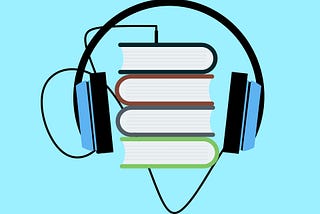 Graphic image of headphones around a stack of books