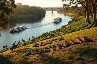 The image showcases the natural beauty of South Australia. It is a sunny day, likely near sunrise or sunset due to the golden light. A calm river winds through the middle of the picture, flanked by lush green trees and vineyards on the right bank. Two riverboats cruise down the river, one larger than the other. In the foreground, on the right side of the image, there is a grassy hill with a group of kangaroos, the iconic Australian animal. The words “SOUTH AUSTRALIA” are spelled out in large