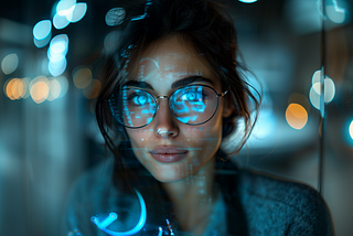 A close-up image of a CEO with blue eyes, magnified behind round glasses. The glasses reflect a digital interface, suggesting advanced technology at her gaze. Illuminated by a blueish light, her face is partially overlayed with the glow of digital graphics and code, hinting at a deep connection with the AI and automation she is working on.