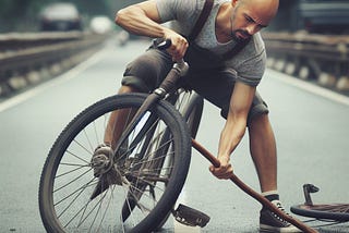 Un hombre en bicicleta introduciendo un palo de madera en la llanta delantera.