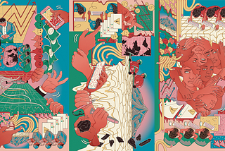 A brightly coloured mural with several scenes within it: people in front of computers seeming stressed, faces overlaid over each other, squashed emojis, miners digging in front of a huge mountain representing mineral resources, a hand holding a lump of coal or carbon, hands manipulating stock charts and error messages, as well as A brightly coloured mural which can be viewed in any direction. It has several scenes within it: people in front of computers seeming stressed.