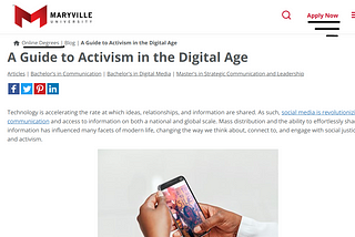 Screen shot of the site being analyzedMaryville University “A Guide to Activism in the Digital Age”