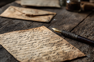 An old-fashioned letter written in old-fashioned ink sitting on a wooden table.