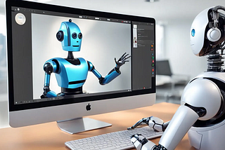 Robot sitting at a desk using a computer, facing a blue robot on the screen, both with raised hands as if engaged in conversation. Made with DALL·E