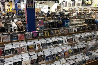 Aisle of CDs for sale at Waterloo Records in Austin, TX