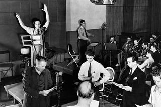 Welles and his crew performing “War of the Worlds”.