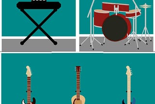 Keyboard, Drum Kit, Electric Guitar, Acoustic Guitar, and a Bass Guitar all made using CSS