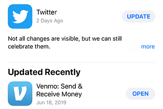 A screenshot of the update notes for various apps. Twitter: Not all changes are visible, but we can still celebrate them.