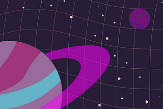 A purple planet with a ring and a purple moon against a starry background with a grid.