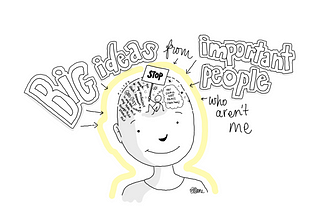 Line drawing of the head and shoulders of a person with text in and around their head and a yellow halo surrounding them. The text outside of them reads “Big ideas from important people who aren’t me”. There is a tiny figure inside their head holding up a sign that reads “STOP”. There’s a thought bubble coming from the tiny person that says “You shall not pass (heh heh)”. Other words inside the head include “Filter, ideas that stand out, good stuff, ahah moments, my conclusions.”