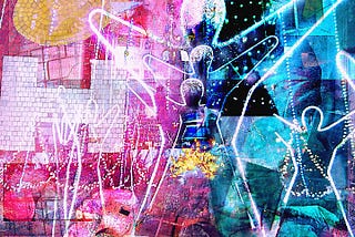 Multi-colored, nearly abstract art made of textures and moments pulled from Holly’s old facebook photos. An illuminated outline of a figure with upraised hands repeats throughout the piece. A white brick “I” and a yellow brick heart is prominent in the left hand corner.