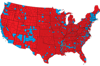 A map of the counties in the United States. Counties that voted for Trump are red, and those that voted for Harris are blue. The map is overwhelmingly red.