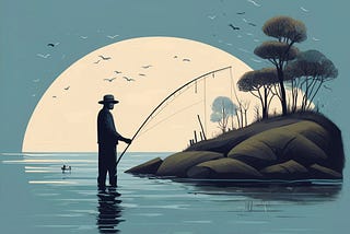 An illustration of a man fishing in a quiet environment with a big moon on the background.