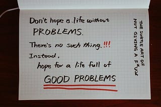 note of a quote from the book The Subtle Art of Not Giving a F*ck:  “Don’t hope for a life without problems. There’s no such thing. Instead, hope for a life full of good problems.”