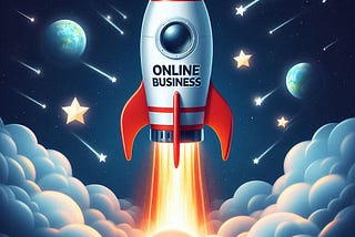 A cartoon rocket labeled “ONLINE BUSINESS” blasting off into a starry night sky, surrounded by planets, stars, and meteors. The rocket is breaking through clouds, symbolizing the rapid growth and success of an online business. This image visually represents the concept of “10 Easy Content Creation Tips to Skyrocket Your Online Business: A Comprehensive Guide”.