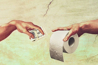 God giving to Adam a toilet paper roll in exchange of a lot of cash