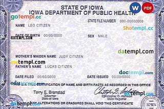 USA Iowa state birth certificate example in PSD format, fully editable
