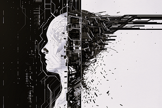 Image of the convergence of a human head with breaking electronics.
