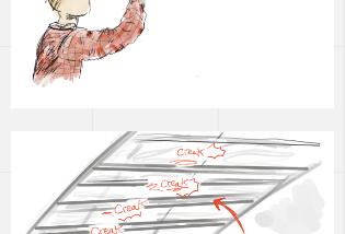 Concept art depicting Lenny drawing on a whiteboard and the floorboards creaking as he walks on the upper floor.