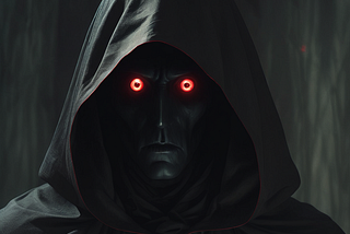 A figure with a black cloak and a black face with intense red eyes