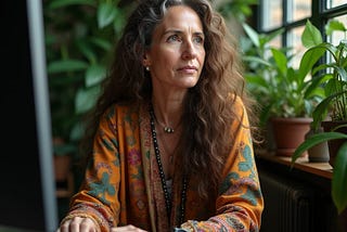 Middle-aged woman sitting in front of a computer, thinking about the past