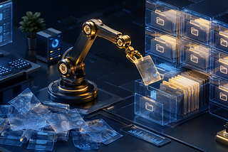 A futuristic 3D isometric workspace shows a glowing robotic arm sorting translucent digital documents into neat holographic filing drawers, with blue and gold lighting, a dark tech interface, and organized digital files.