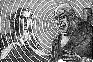 Black and white artwork shows a woman with a blank, hypnotized expression trapped behind waves of energy as a smirking, bald-headed man who mesmerizes her leers on the other side of the circular energy waves.