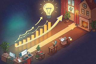 Image of a workplace in the bottom left corner merging into a home in the top right. In the middle there are are arrows and bar charts with and idea lightbulb communicating lessons from work making it back to home.