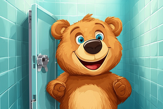 Little Boobo bear happily comes out of the toilet stall.