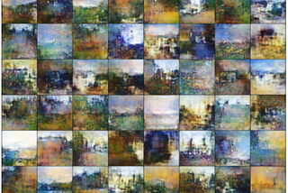 Grid of final images generated by WGAN, each of them a painting in the style of Monet.