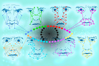 A digital illustration of multiple facial expressions, with colorful geometric lines and nodes mapping facial features.