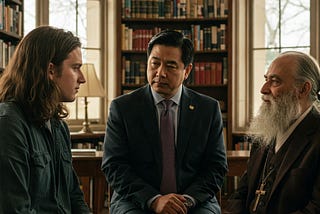 Google Gemini AI generated from phrase ‘generate a picture of a poet, politician and a priest’. Decorative picture of three individuals in an office or library.