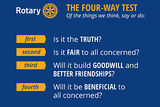 The 4-way Test from the Rotary Club of Lansing: Is it the Truth? Is it Fair to all concerned? Will it build Goodwill and Better Friendships? and Will it be Beneficial to all concerned?