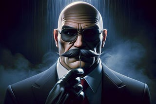 “Agent 47” holding a fake mustache up to his face.